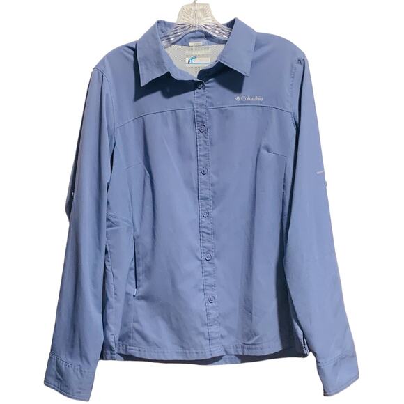 COLUMBIA Omni Shade Shirt M Women's Blue Mesh Lined Back Sun Protection Roll Tab - Picture 1 of 7